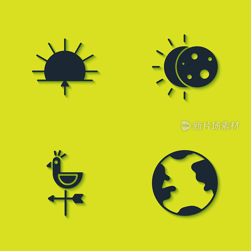 Set Sunrise, Earth globe, Rooster weather vane and Eclipse of sun icon. Vector